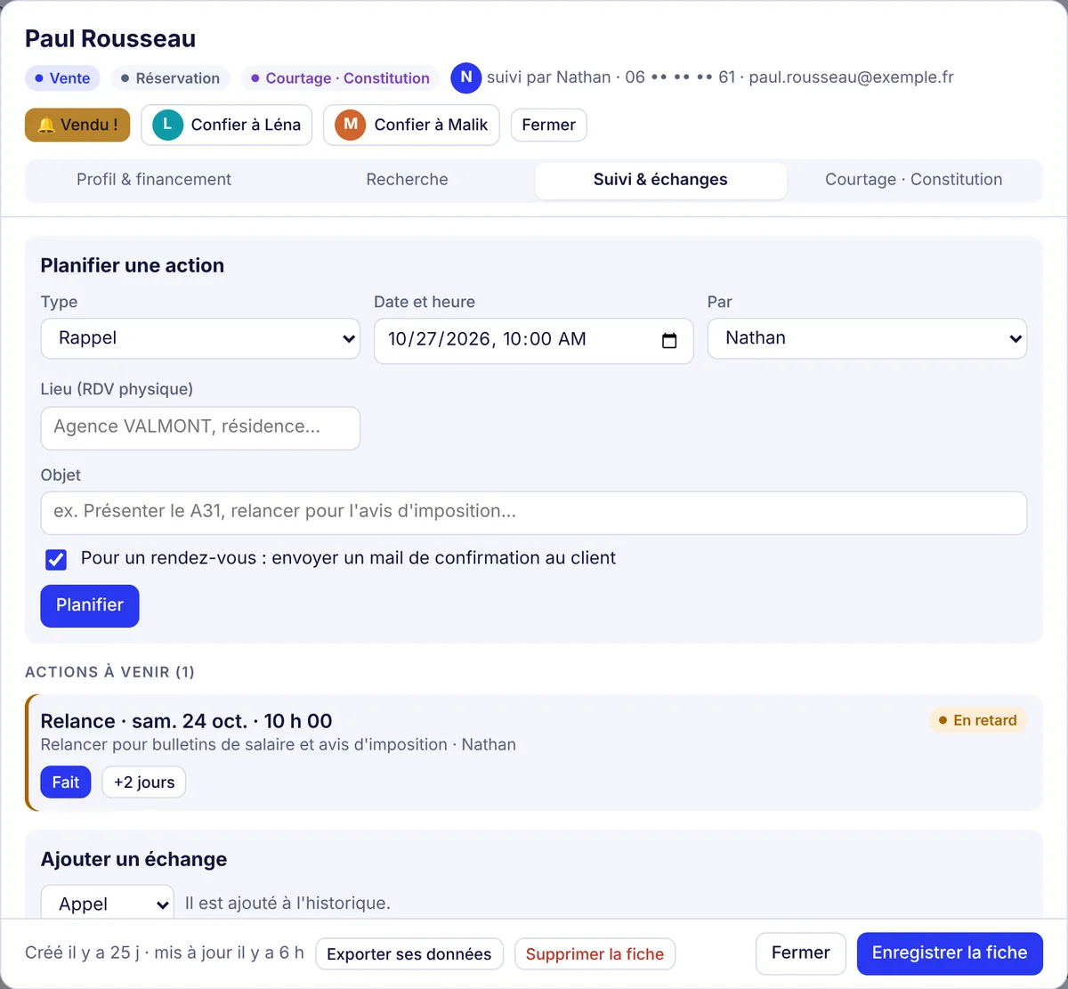 Fiche d'un prospect : planification d'une action et suivi des relances