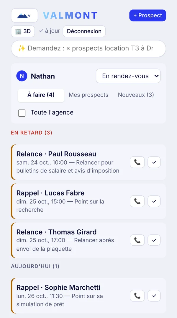 Vue mobile : relances en retard et rappels du jour d'un conseiller